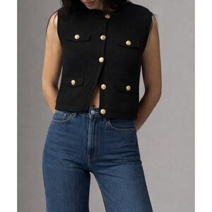 BlankNYC Black Knit Sweater Vest Gold Crest Buttons Pockets Medium Revolve NEW